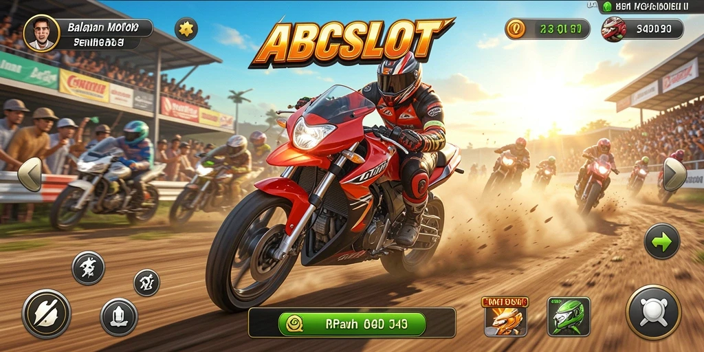 Tampilan gameplay mendebarkan dari ABCSLOT dengan balapan motor yang cepat.