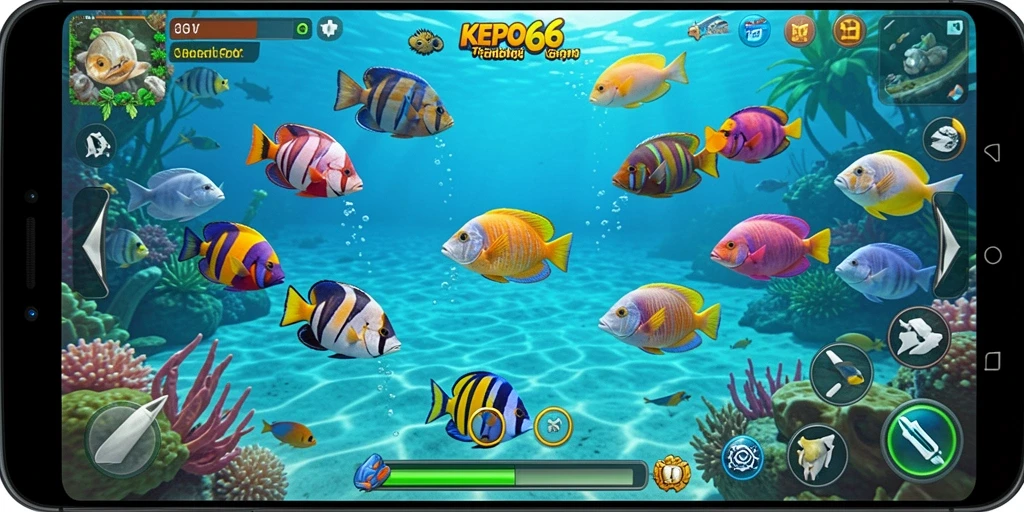 Tampilan antarmuka gameplay seru dari KEPO66 dengan ikan yang beragam.